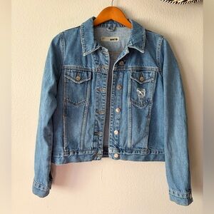 Topshop Moto Distressed Blue Denim Jacket Vintage Wash Trucker Style Size 8 Med